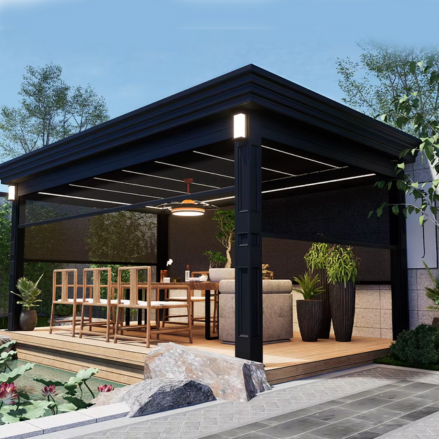 Outdoor Aluminum Pergola Gazebo with Curtains and Netting for Patio & Garden