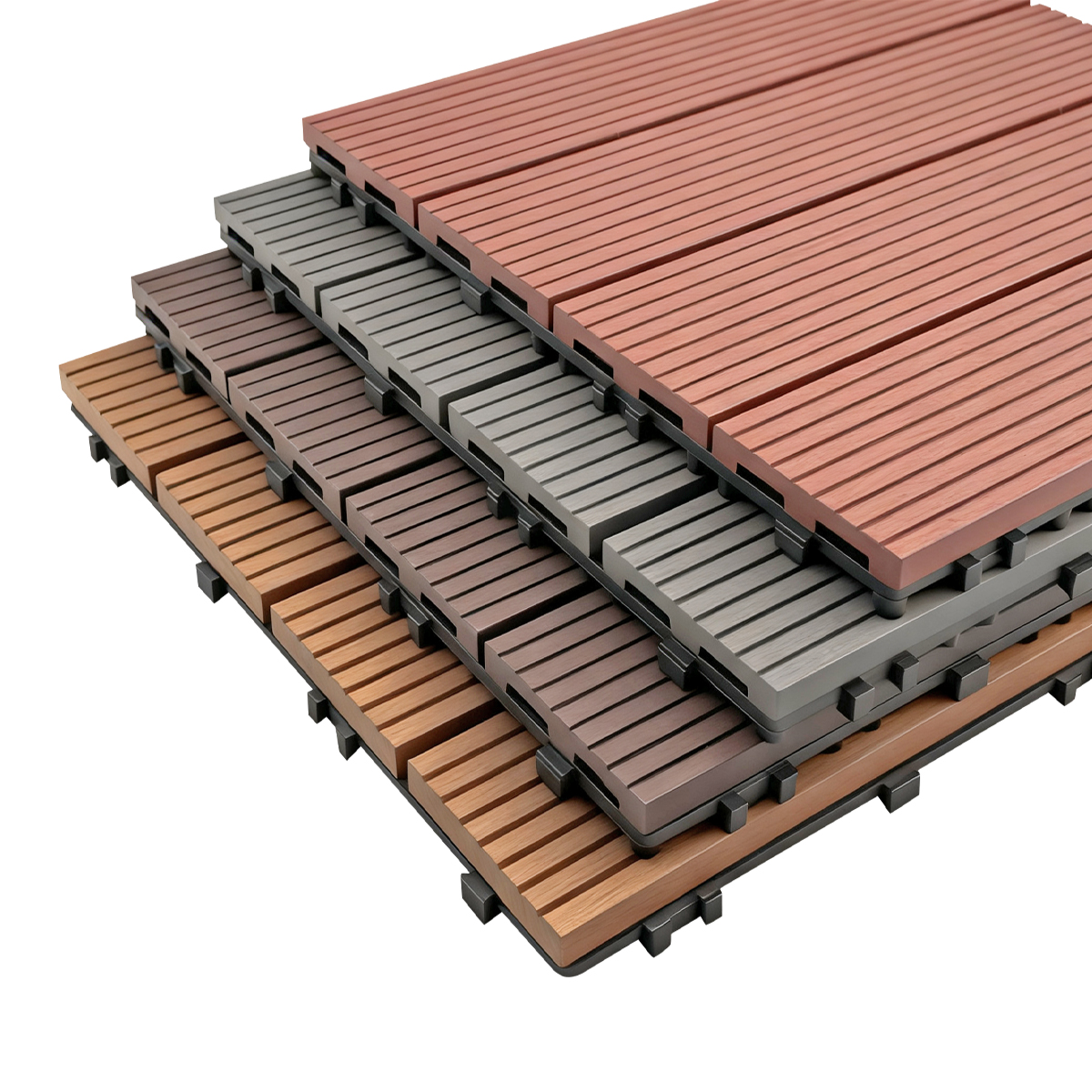 Outdoor deck installation process and interlocking grid mechanism